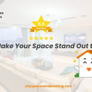 Modern, well-lit living room with 5-star rating graphic and happy home illustration, representing how to make your space stand out to guests.
