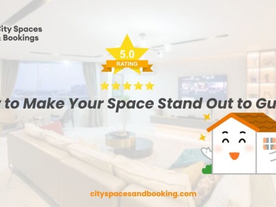 Modern, well-lit living room with 5-star rating graphic and happy home illustration, representing how to make your space stand out to guests.