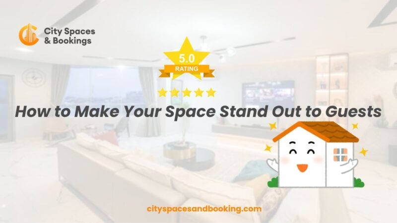 Modern, well-lit living room with 5-star rating graphic and happy home illustration, representing how to make your space stand out to guests.